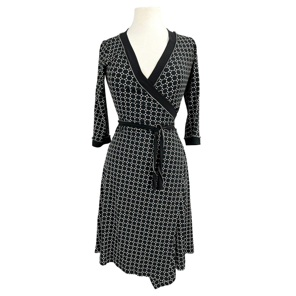 Max Studio Womens Wrap Dress Black White‎ Geometric Circle Print 3/4 Sleeve XS